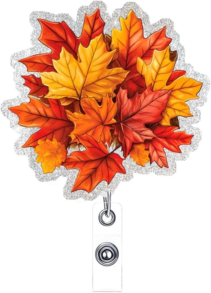 NSSHEL Autumn Leaves Badge Reel Retractable Badge Holder with Alligator Clip Fall Acrylic ID Name Card Scroll Red Maple Leave Badge Clips Designs for Student Teacher Office School Worker Nurse Decoration - Image 1